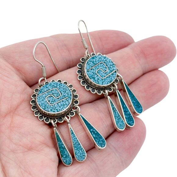Vintage Mexico Taxco TC-174 Sterling Silver 925 Turquoise Inlay Dangle Earrings - Picture 1 of 6